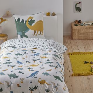 Dino - Parure De Lit Enfant En Coton 57 Fils Imprimé Blanc Et Vert