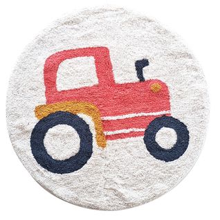 Vehicules - Tapis Enfant Rond En Coton Tufté Blanc Et Rouge 80x80cm