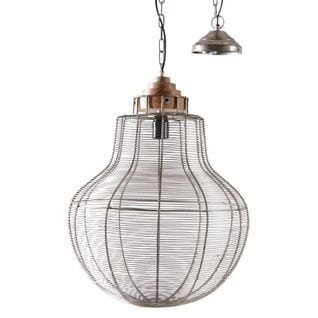 Lampe Suspension En Métal Gris Antique Et Bois Ampoule