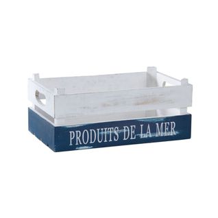 Caisse "produits De La Mer" En Bois Patiné Blanc Et Bleu