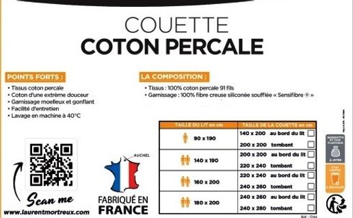 Couette Coton Percale Anti Acariens - 2 Personnes 220x240 - Chaude
