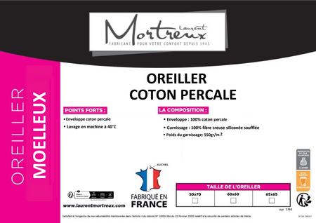 Lot De 2 Oreillers Moelleux Coton Percale - 65 X 65 - 600grs