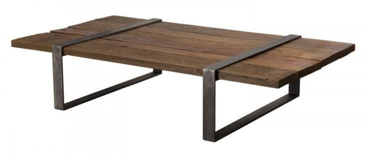 Leonce - Table Basse Multi-planches Marron Bois Massif Cerclée Métal Gris Anthracite