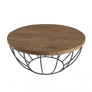 Alida - Table Basse Coque Ronde 80x80cm Plateau Teck Recyclé Piétement Métal Noir