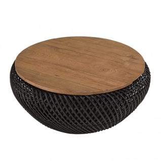 Alida - Table Basse Ronde 65x65cm En Rotin Noir Plateau Amovible