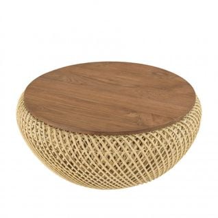 Alida - Table Basse Ronde 65x65cm En Rotin Beige Plateau Amovible