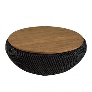 Alida - Table Basse Ronde 80x80cm En Rotin Noir Plateau Amovible