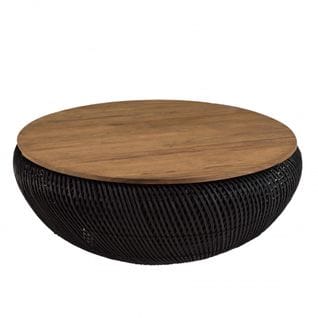 Alida - Table Basse Ronde 100x100cm En Rotin Noir Plateau Amovible