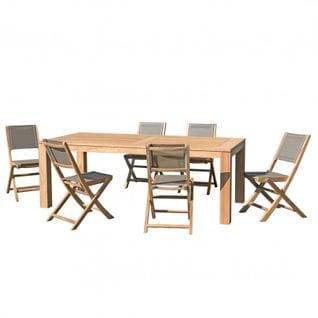 Halice - Salon De Jardin En Bois Teck 6/8 Pers -1 Table Rectangulaire 220*100 Cm Et 6 Chaises Texti