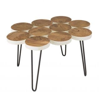 Suzy - Table Basse Plateau Rondelles Bois Teck Pieds Épingles