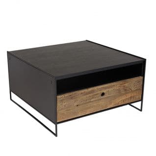 Andrea - Table Basse Noire 80x80cm 1 Tiroir Bois Pin Recyclé Et Métal