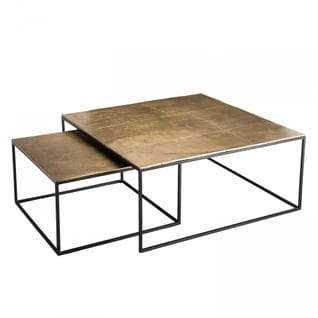 Jonas - Set De 2 Tables Gigognes Carrées Aluminium Doré - Pieds Métal Noir