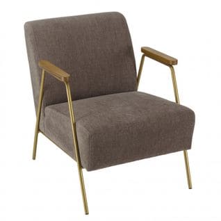 Albane - Fauteuil Lounge Tissu Taupe Métal Doré Accoudoirs Bois