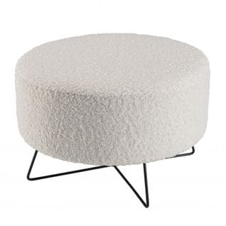 Albane - Pouf Rond Tissu Bouclette Blanc Pieds Croisés Métal Noir