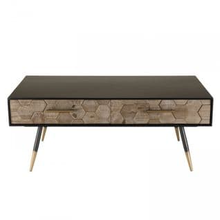 Dalie - Table Basse Noire Rectangulaire 2 Tiroirs Scandi Bois Sapin Marqueté Pieds Métal Doré