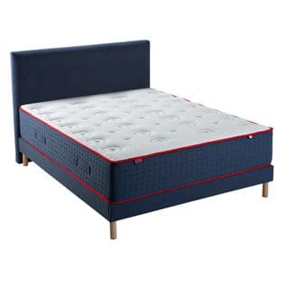 Ensemble Matelas Ressort Ferme + Sommier + Tête De Lit Le Veritable 160 X 200 Cm Blanc, Bleu Foncé