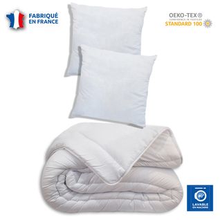 Couette Temperee 220x240 Et 2 Oreillers 100% Polyester 60x60 Pour Couchage 140x190
