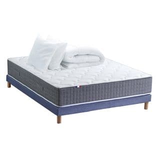 Ensemble Matelas Ressort 7 Zones H.30cm + Sommier + Couette + Oreillers Max 140 X 190 Cm Bleu Denim