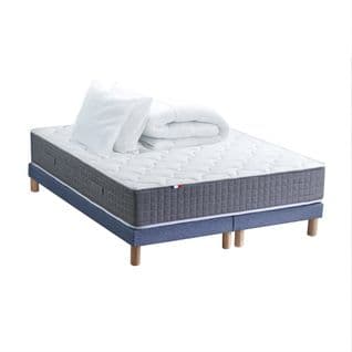 Ensemble Matelas Ressort 7 Zones H.30cm + Sommier + Couette + Oreillers Max 180x200 Bleu Denim