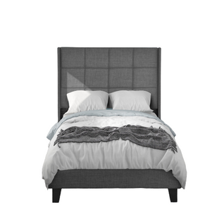 Lit simple capitonné design moderne avec sa tête de lit et sommier à lattes, 90x200, en lin gris