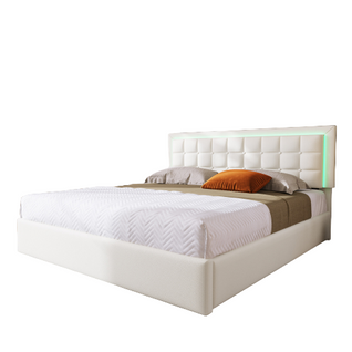 Lit double rembourré 180x200 avec sommier à lattes, espace de rangement et LED, en simili cuir blanc