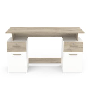 Bureau Double Caisson L134,8 Cm - Décor Bois Clair Et Blanc