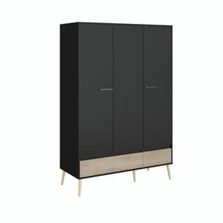 Armoire 3 portes 2 tiroirs L.135 cm ALBORG noir et imitation chêne