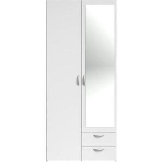 Armoire Varia - Décor Blanc - 2 Portes Battantes + 1 Miroir + 2 Tiroirs - L 81 X H 185 X P 51 Cm