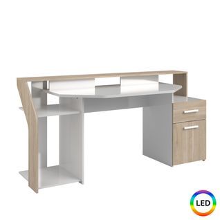 Bureau gamer LED CASSANDRA blanc et imitation chêne