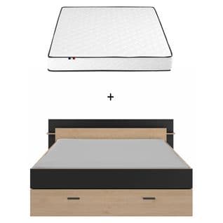 Ensemble Lit TONIGH imitation chêne et noir + Matelas ADEONA 140x190 cm