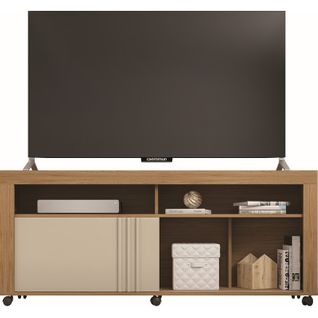 Meuble TV 65 Pouces Chêne Blanc 6 Niches Roulettes L 160 H 70 P 33.6 Cm