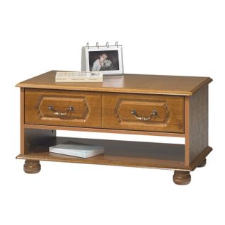 Table Basse Chêne Rustique Rectangle 2 Tiroirs 1 Niche L 82.4 H 42 P 46.5 Cm