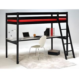 Lit Mezzanine Enfant En Bois Épicéa Massif Verni Noir + Sommier - L 90 X L 190 Cm - Ashton