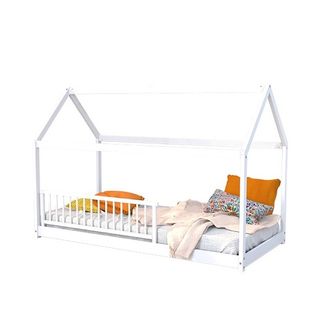 Lit Cabane 90x190 Barrière De Lit Amovible Et Sommier Inclus Panda - Blanc