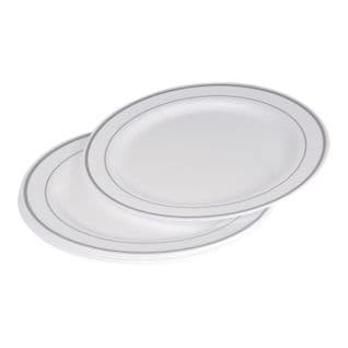 Lot De 6 Assiettes En Plastique Réutilisable "liseré" 23cm Blanc Et Argent