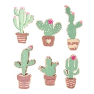 Lot De 6 Stickers En Bois "cactus" 5cm Vert