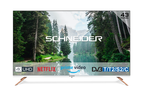 TV LED 4K - 109cm - Smart TV - 3 Hdmi - Ecran Sans Bord - Pied Effet Bois - blanc - Sc43s1fjord