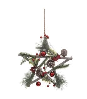 Suspension De Noël - Etoile En Bois Avec Branchage Et Décoration H 30 Cm