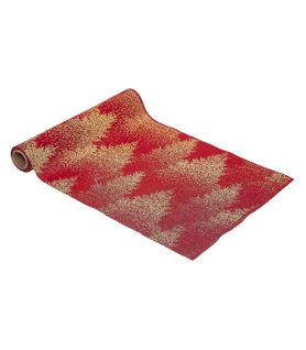 Chemin De Table Tissu Rouge Imprimé Sapin Doré 28 X 300 Cm
