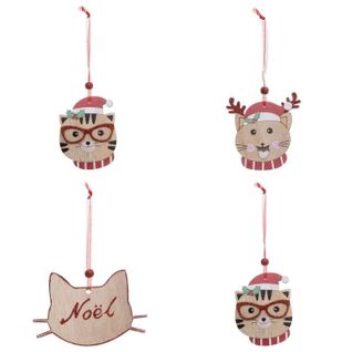 Lot De 4 Sujets De Noël "chat" 12cm Beige et Rouge