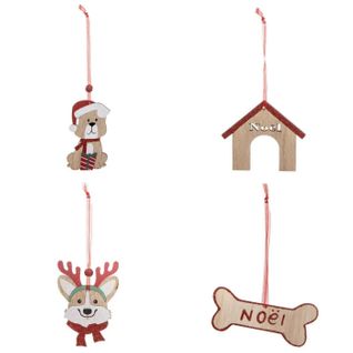 Lot De 4 Sujets De Noël "chien" 12cm Beige et Rouge