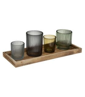 Set De 4 Bougeoirs Photophores En Verre Coloré Sur Plateau En Bois De Paulownia