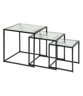 Set De 3 Tables Gigognes En Métal Noir Et Verre Trempé