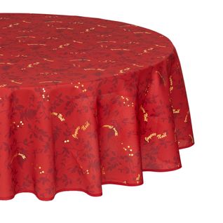 Nappe Ronde Anti-taches Rouge Imprimé Joyeux Noël Doré D 180 Cm