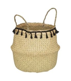 Panier De Rangement Pliable En Seagrass Et Coton Avec Pompons Noirs