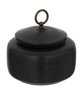 Boite Décorative En Céramique Noire Striée Et  Anneau Métallique D 14 Cm