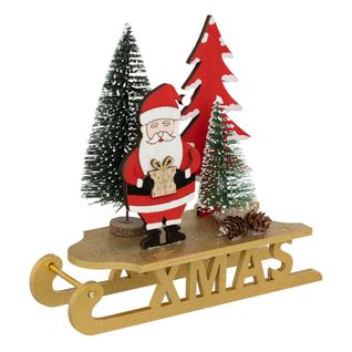 Déco De Noël Luge En Bois "xmas" Doré Avec Père Noël Et Sapins L 19 X H 18. Cm