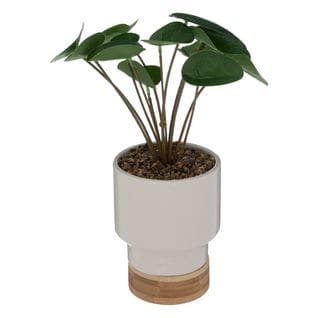 Plante Artificielle Pot En Céramique Blanc Cassé Et Bambou H 26 Cm