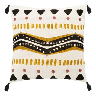 Coussin Décoratif Noir Et Ocre Motifs Colorés Avec Pompons 58 X 58 Cm