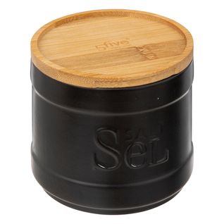 Boîte à Sel En Céramique Noire Et Couvercle En Bambou